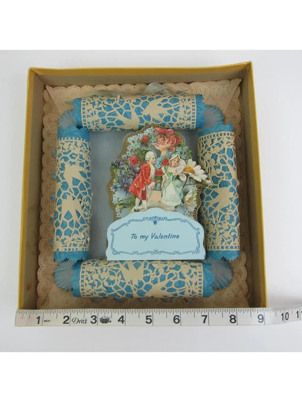 Antique Valentine 3D LARGE Store Box Cupid Boy Girl Blue Flowers Honeycomb RARE